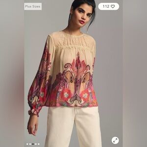 ANTHROPOLOGIE | BL-NK LONDON LACE GEOMETRIC DESIGN SHIRRED BLOUSE SMALL